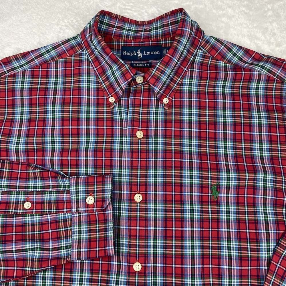 Ralph Lauren Mens Shirt Large Red/Blue/Green Plaid Classic Fit Long Sleeves